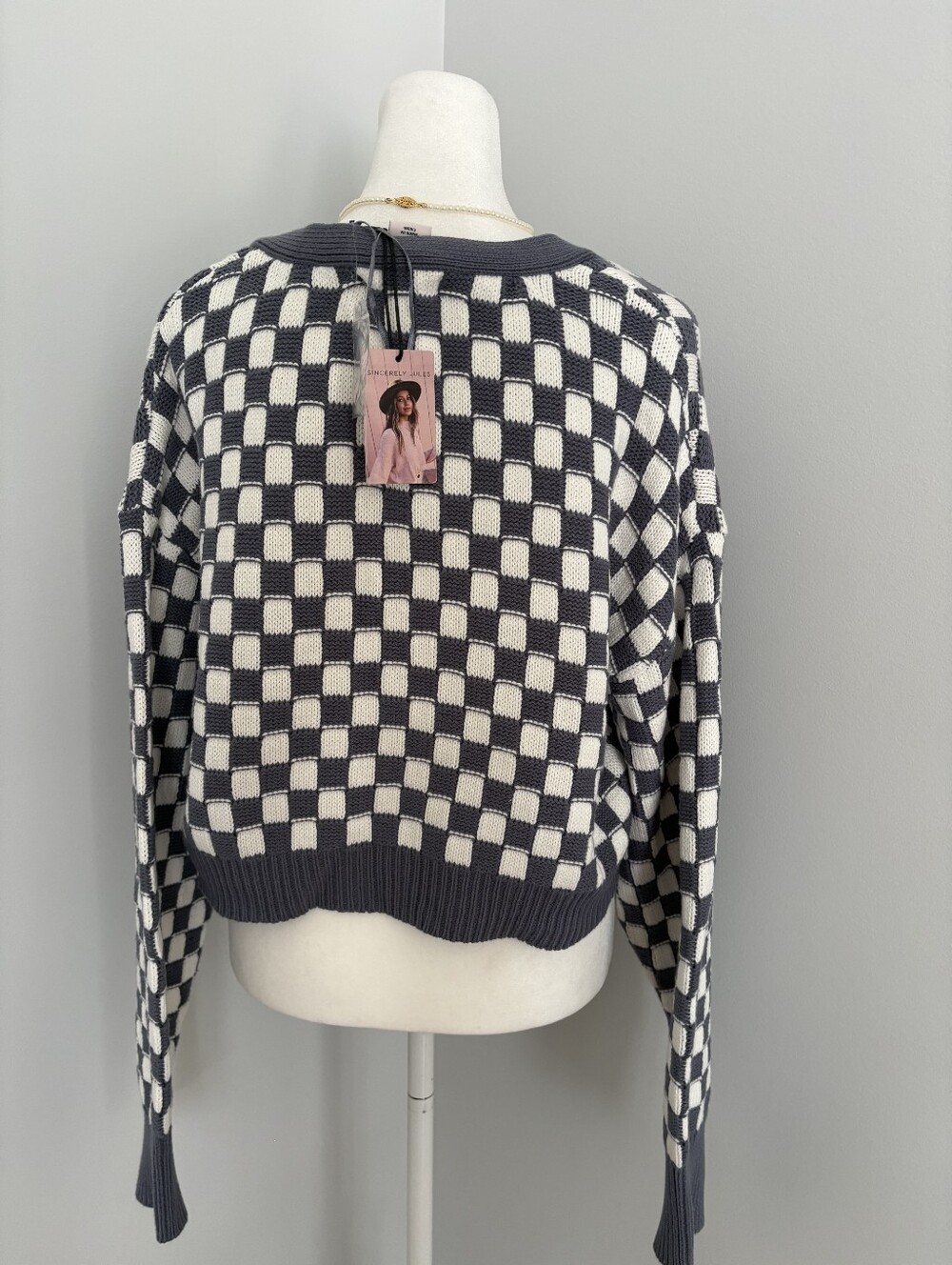 Sincerely Jule NWT Blue Grey And White Checkerbiard Kinit Cardigan L - Picture 5 of 11